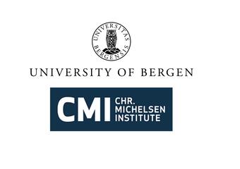 An owl in a circle with Universitas above and Bergensis below, University of Bergen written below + a logo in blue with the following in white text: CMI Chr. Michelsens Institute