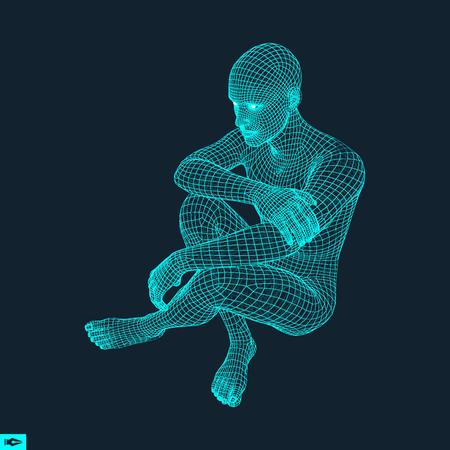 Man in a Thinker Pose. 3D Model of Man. Geometric Design. Human Body Wire Model. 