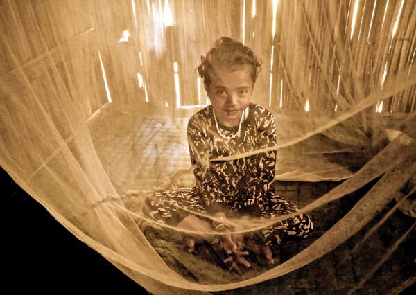 Child sitting under a malaria net