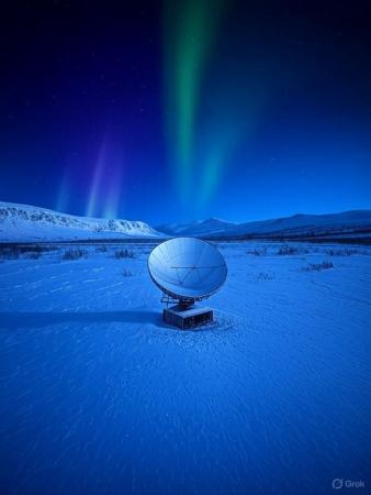 Parabolic antenna in arctic landscape, night, northern lights.