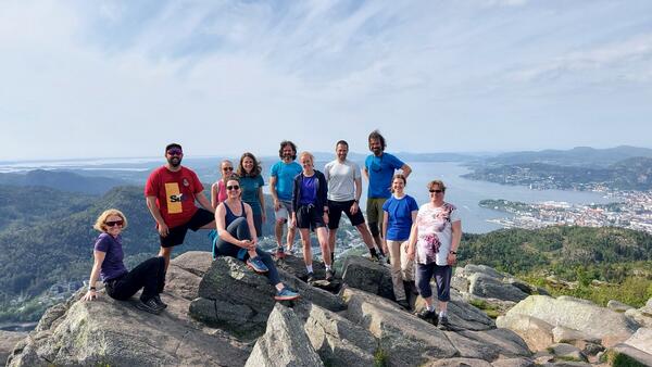 Some of us in the Physical Oceanography group overlooking the local fjord from one of the seven mountains surrounding Bergen on an afternoon hike in June 2023.