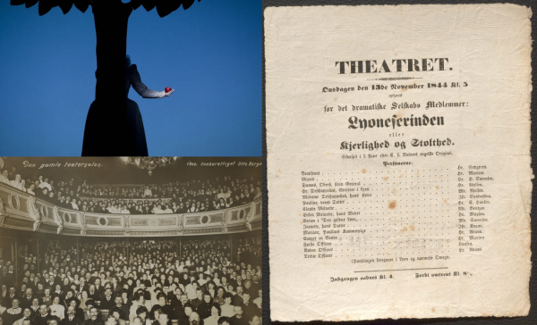 Illustrasjonsbilde (fra forestillingen "Shakespeares sonetter" av Robert Wilson, et bilde av publikum på siste forestilling i det gamle teateret i Bergen, og en teaterplakat fra DNS i 1844)