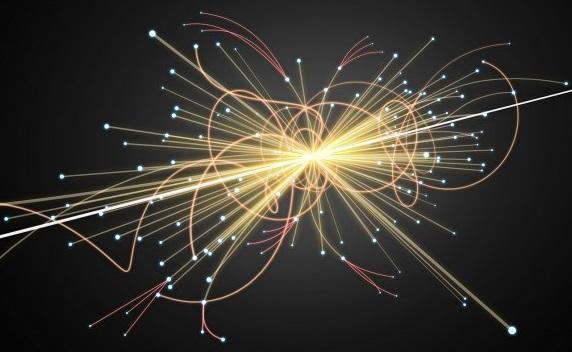 Kunsterfremstilling av en partikkelkollisjon lik de som foregår ved Large Hadron Collider.