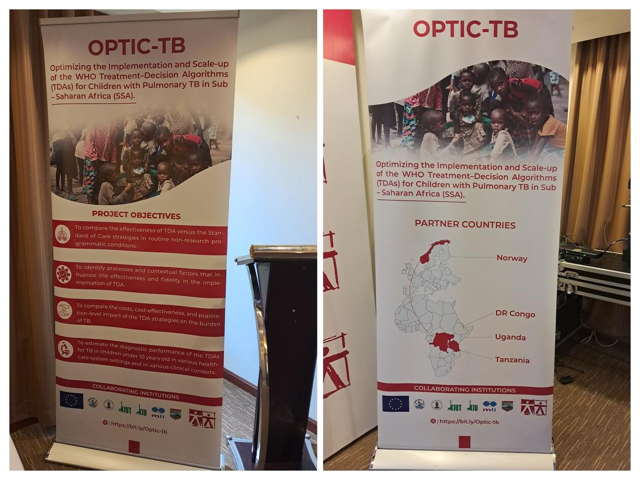 Project pull up posters, red text with the name of the project and some key information