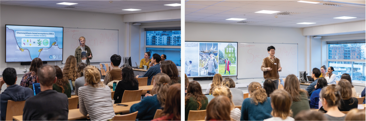 Panel of two photos showing two of the speakers. Christian Nilsson (left) and Tianyuan Wang in front of their audience.  