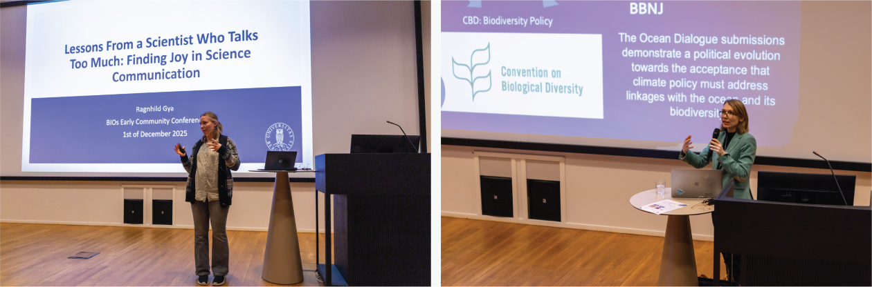 Panel of two photos showing the two keynote speakers, Ragnhild Gya (left) and Natalya Gallo (right) in front of their presentations.