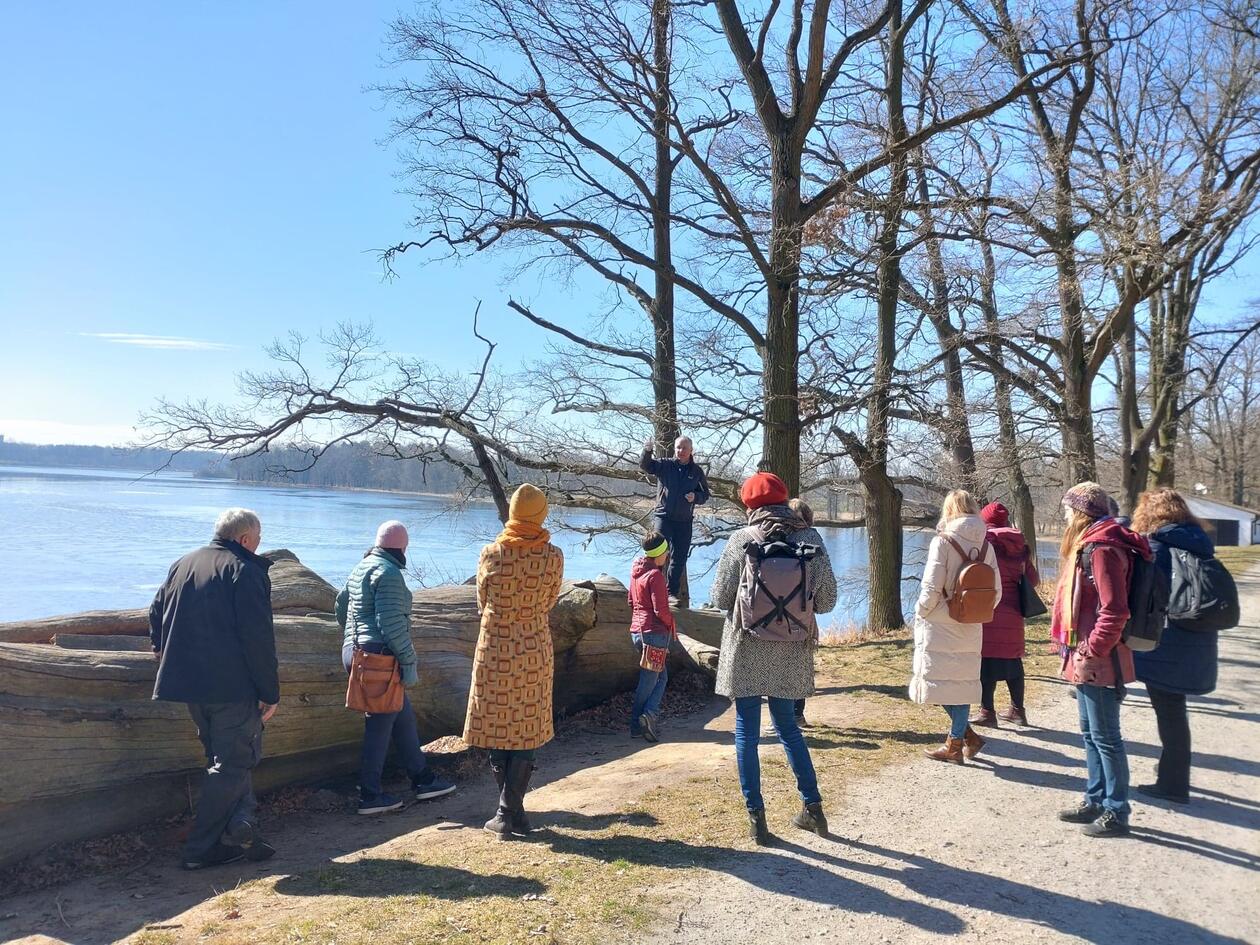 Group of people facing away from the camera, viewing a man talking while standing on top of a large, horizontal tree trunk. A fishpond in the background.