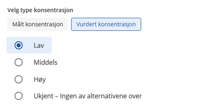 Utklipp fra stoffkartoteket som viser avkrysningsmeny for konsentrasjon fra lav til høy