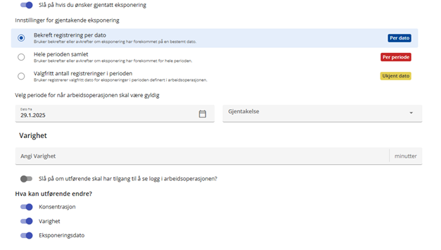 Utklipp fra stoffkartoteket som viser menyen for registrering av gjentatt eksponering