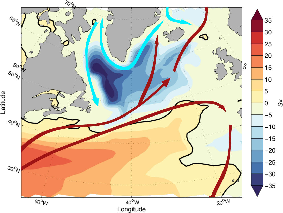 Struktur og styrke (i sverdup; Sv) på den subpolar og subtropiske gyren i Nord-Atlanteren.