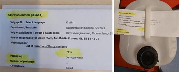 Collage av to bilder.  Til venstre vises et utfylt deklarasjonsskjema for farlig avfall.  Til høyre vises en kjemikaliekanne i plast med deklarasjonsskjema plassert under håndtaket.