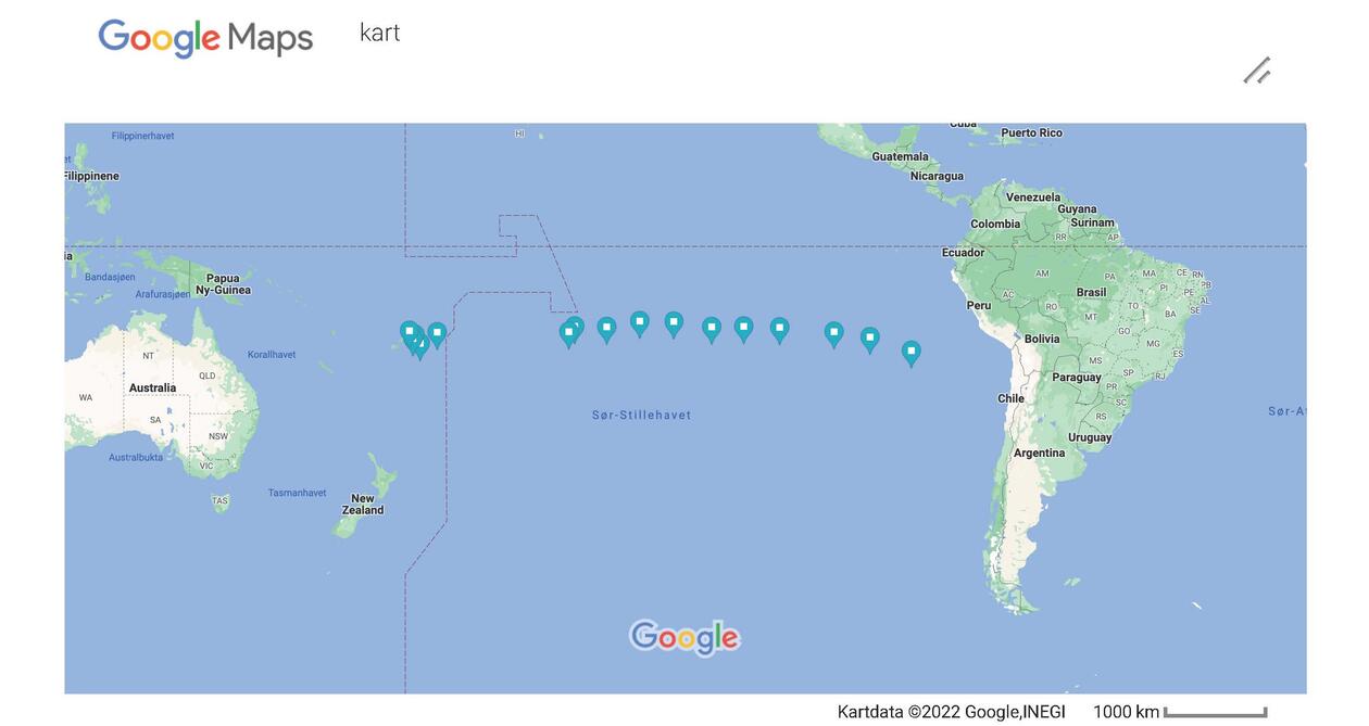 Kart over reiserute i Stillehavet-