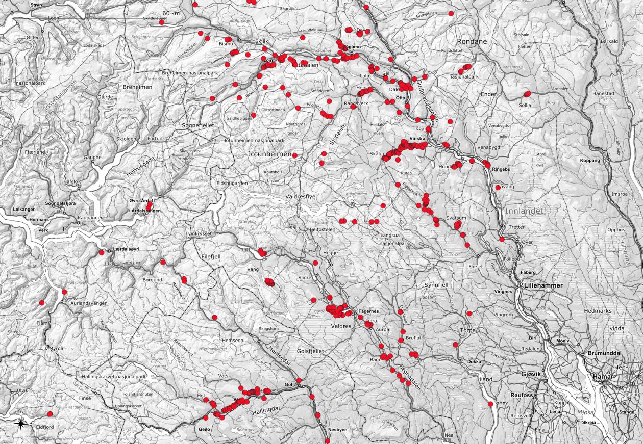 Kart over jordskred grunna ekstremvéret "Hans"