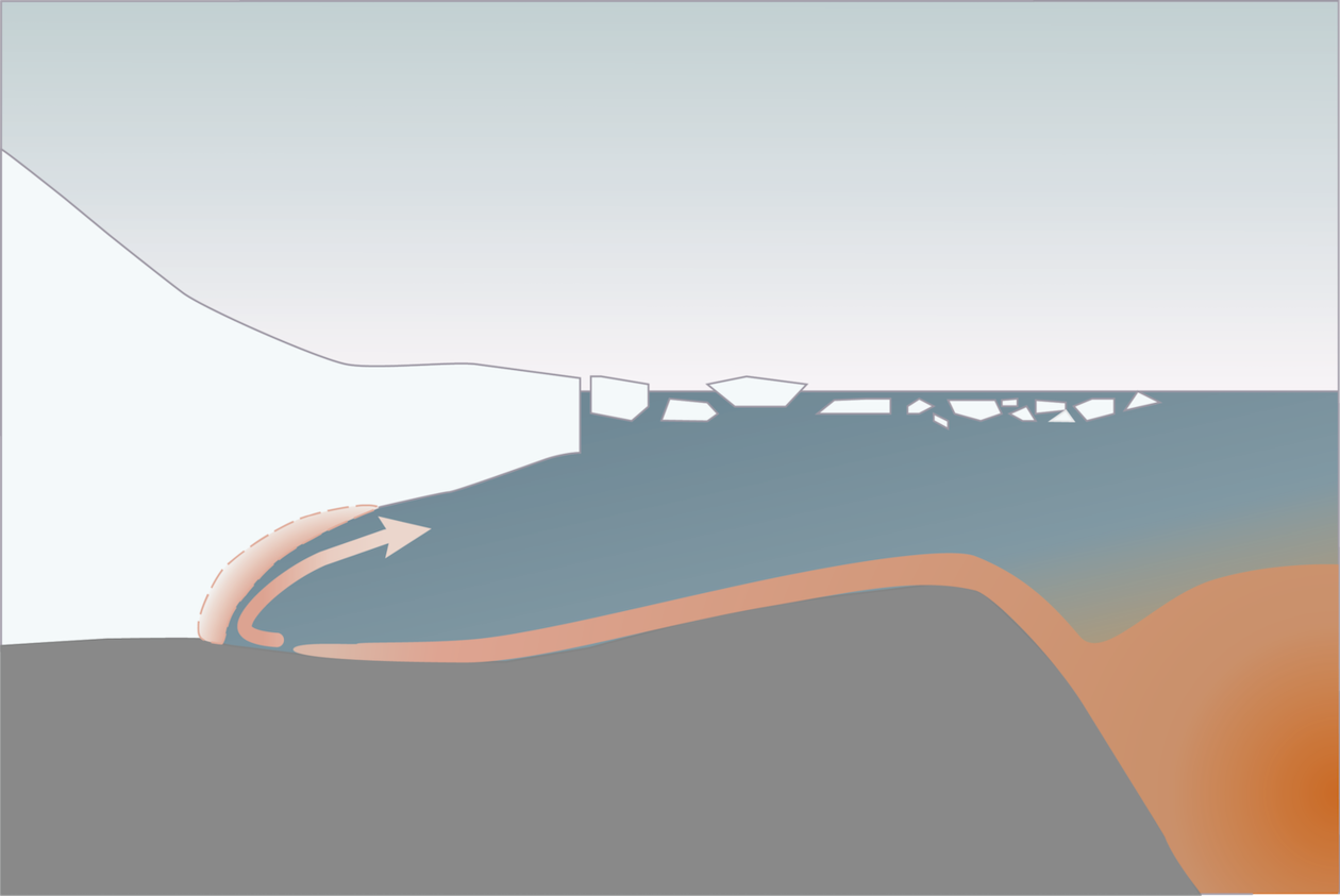 Varmt vann fra dypet strømmer inn under isbremmene i Antarktis. Illustrasjon: Kjersti Daae