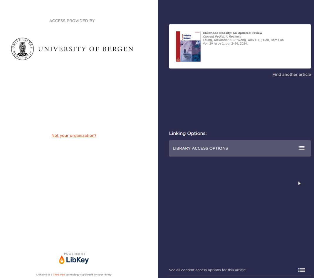 Screenshot from LibKey landing page showing other access options (link to Oria)