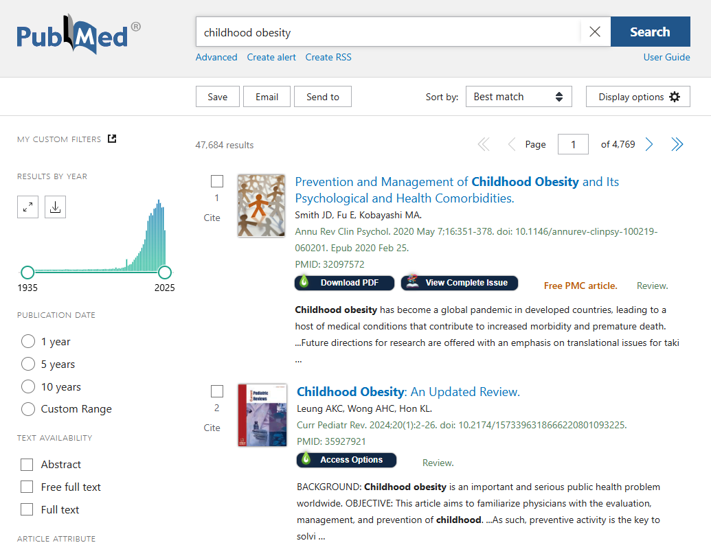 Screenshoot from PubMed showing search results list with LibKey buttons