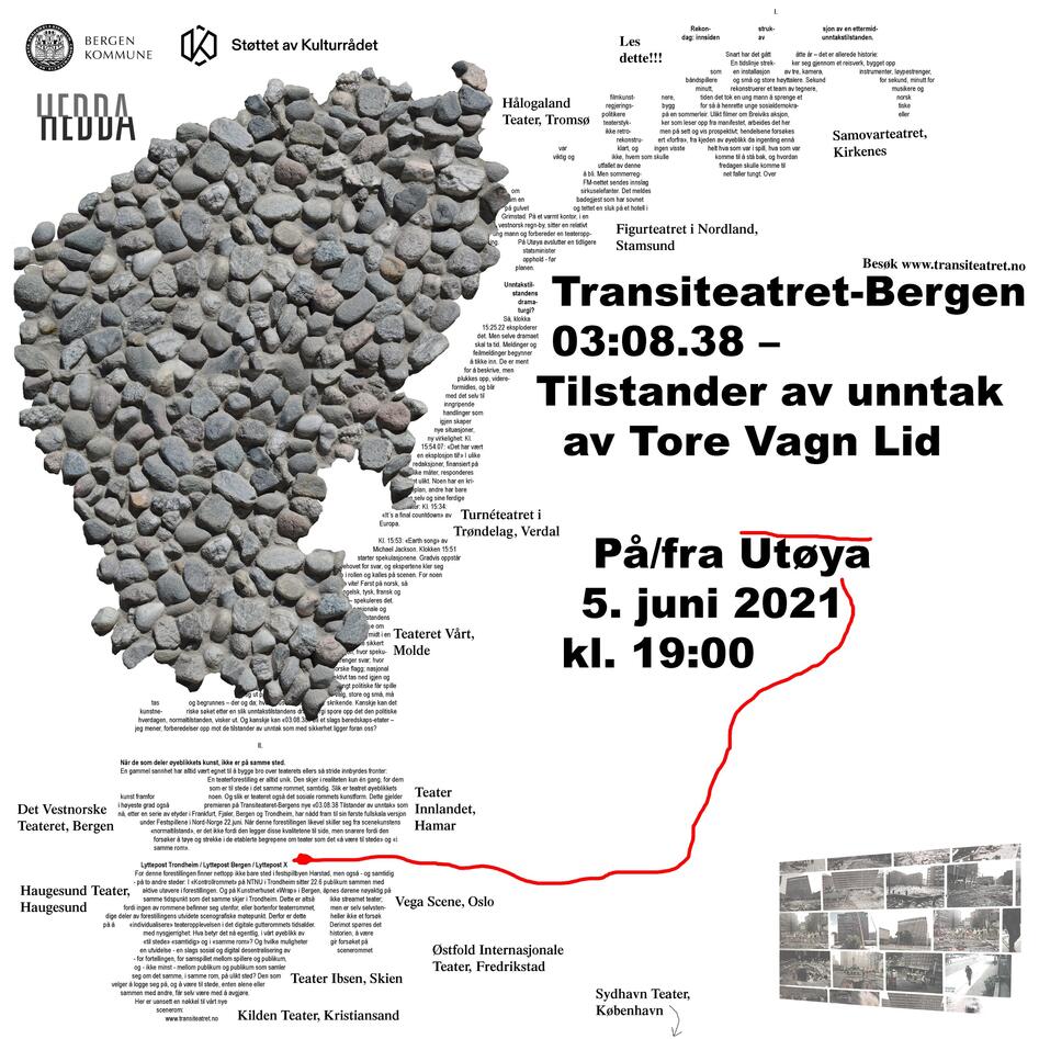 En formasjon av steiner, et kart av Norge formet av tekst og informasjon om arrangementet
