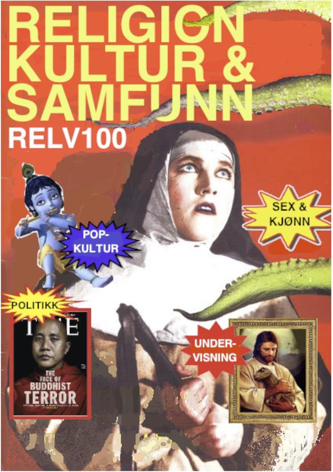 Promoplakat for emne. Plakaten har tabloid Se&Hør-estetikk med ymse religiløse motiv som nonne, Jesus og buddhistmunkar.