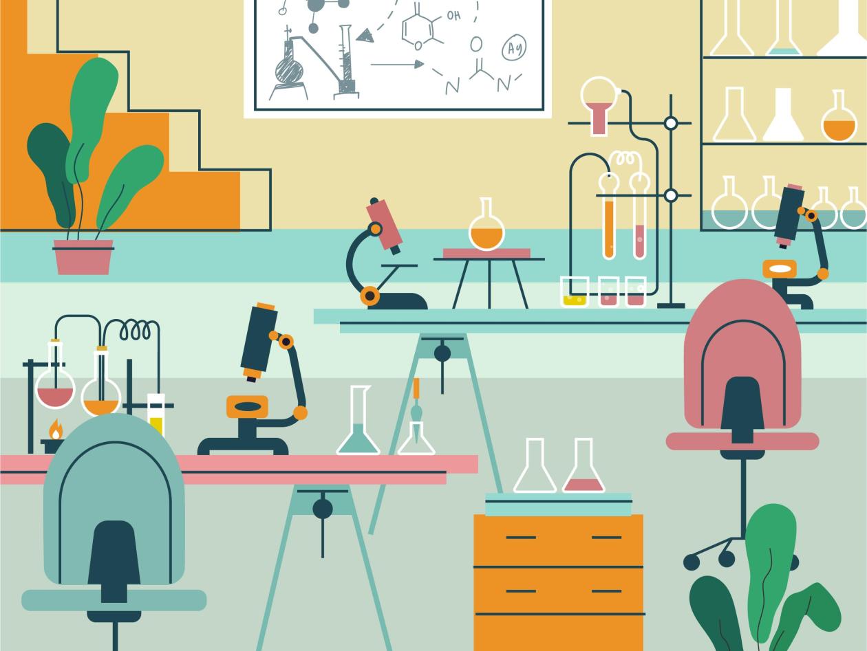 Simple and flawed illustration of a chemistry lab; pastel colors, potted plants stand by two writing desks with microscopes and various Erlen Mayer flasks with colored liquids on top. A shelf on the right contains more flasks; none of them clean.
