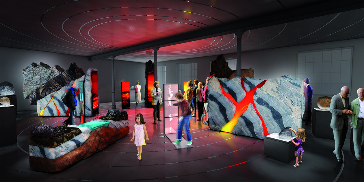 illustrasjon av museets nye utstilling av geologiske samlinger