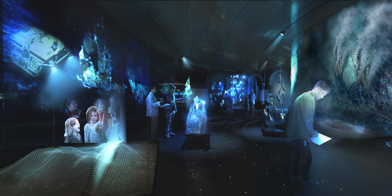 illustrasjon over et rom med museumsutstillinger med tema undervannsatmosfære