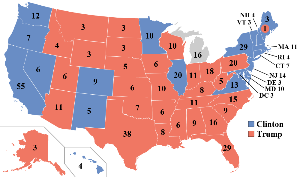 Kart over fordelingen av valgmenn i de amerikanske statene etter presidentvalget 2016