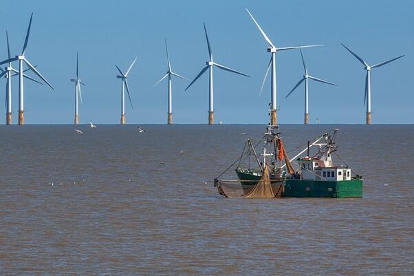 Image of a fishing vessel in front of a group of windmills at sea