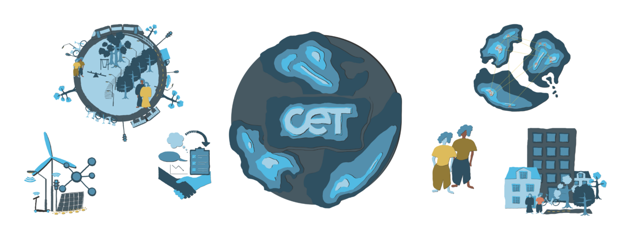 Cet logo in globe and opther icons representing a city, networks, people, technology, transport