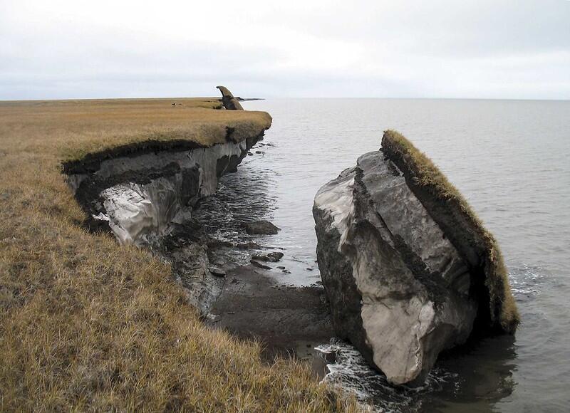 In this photo you can see a collapsed block of ice-rich permafrost along Drew Point, Alaska.