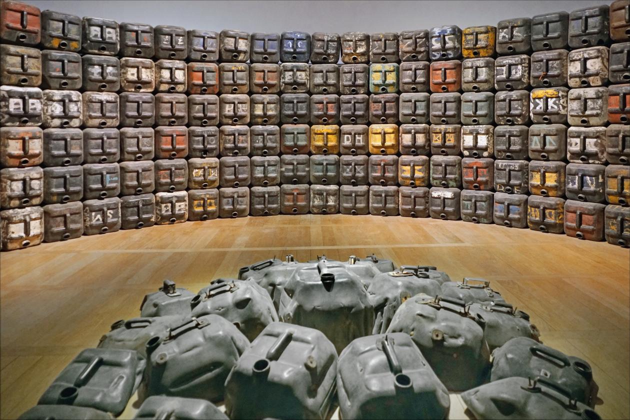 Installation by Romuald Hazoumè photographed by Jean-Pierre Dalbéra