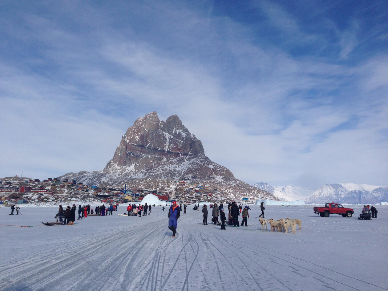 People and dogs on snowclad ground in front of mountain