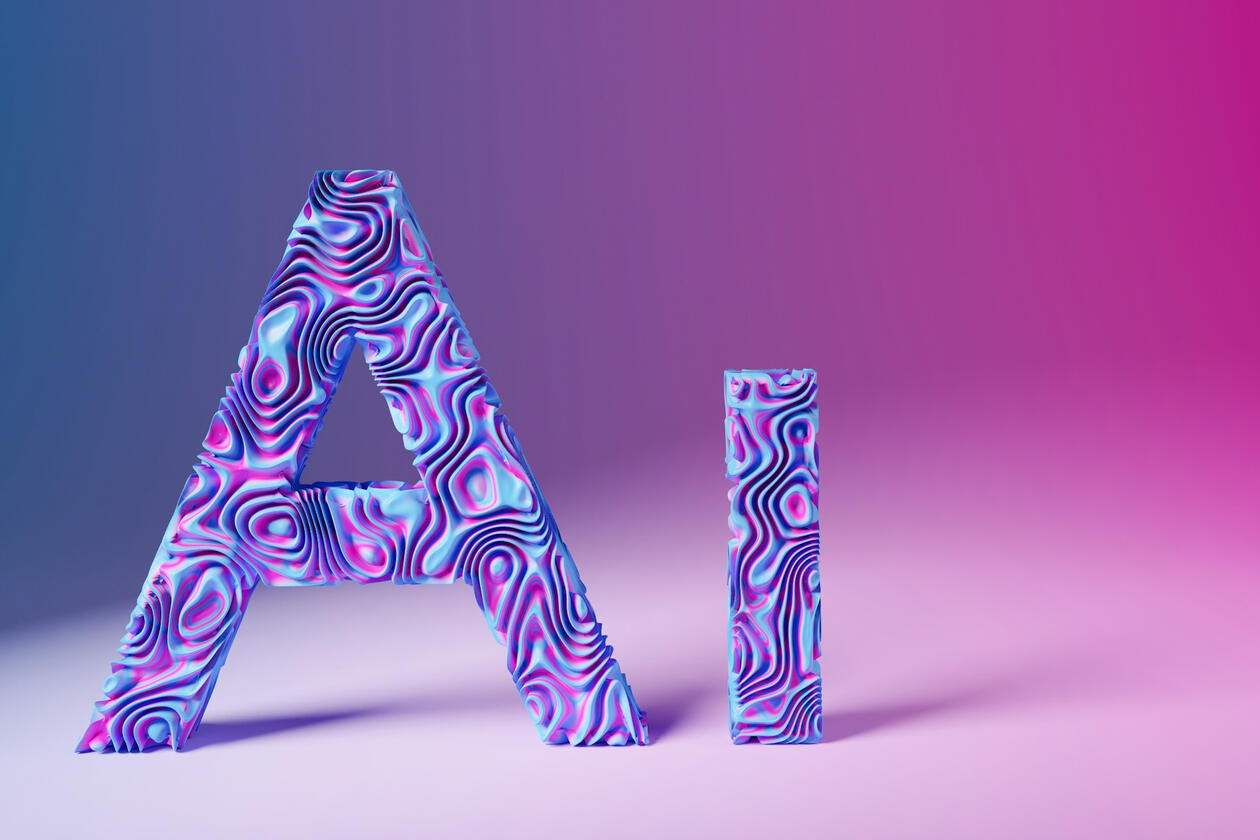 The letters AI on a pink to purple background