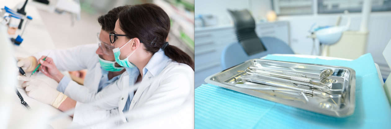T.v.: To tannleger med munnbind og hvite frakker, jobber med redskaper om et felles prosjekt. T.h.:  Et brett med diverse tannundersøkelsesverktøy ligger i forgrunnen, bak er en tannklinikk.