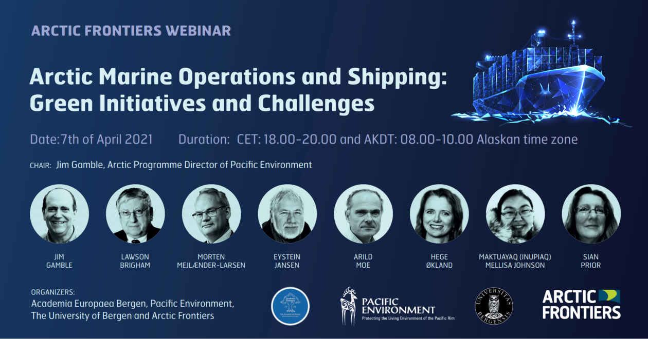 Speakers contributing to the webinar and illustration of arctic shipping