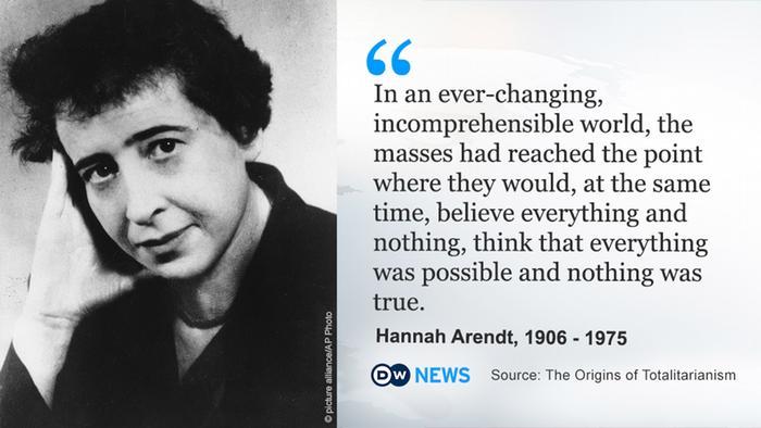 Bilde av Hannah Arendt ved siden av sitatet: "In an ever-changing, incomprehensible world, the masses had reached the point shere they would, at the same time, believe everything and nothing, think that everything was possible and nothing was true."