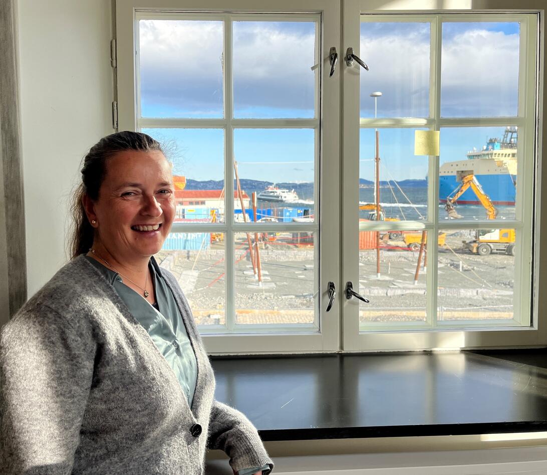 Aslaug på jobb, utsikt mot Vågen