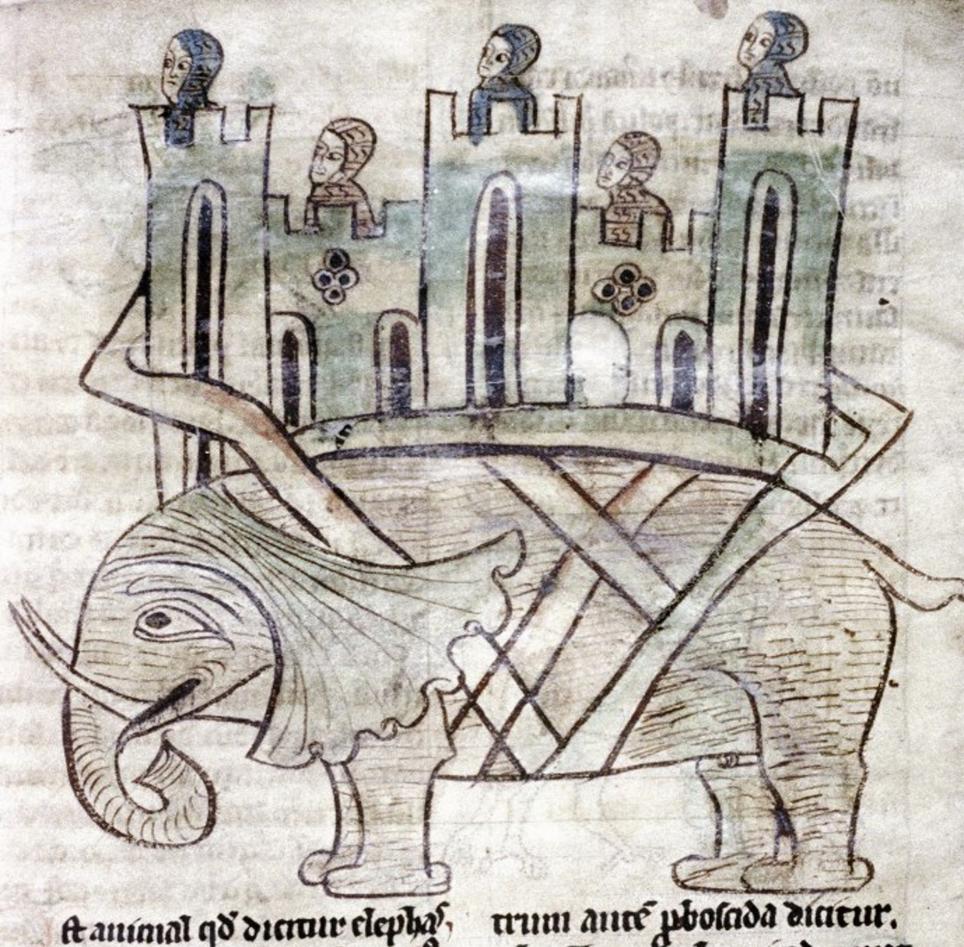 Bilde av en håndskriftillustrasjon som viser en elefant med en borg på ryggen