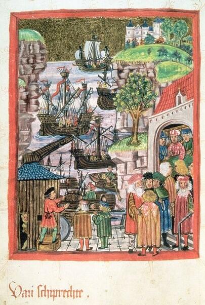 Hamburg Ship Law. Cover picture from the section on sea law 'Van schiprechte' ('Of shipping laws' in Middle Low German) of the Hamburg town law from 1497. 