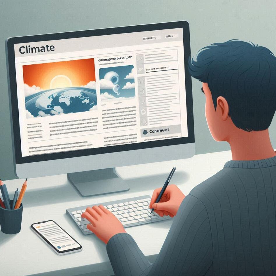 Bildet er KI-generert og viser en person forran en dataskjerm, nettsiden har overskrift "climate"