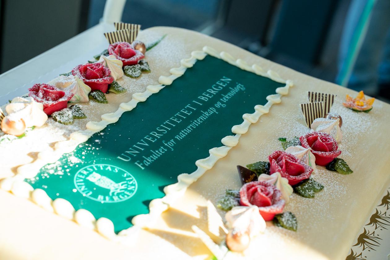 Kake pyntet med fakultetets nye logo ble godt tatt imot ved feiringene.