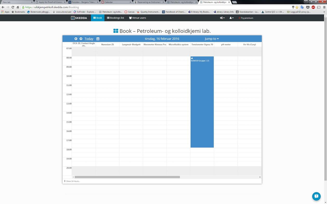 Skjermdump av bookingside for instrumenter