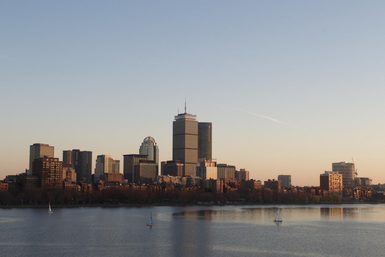 Boston skyline in the sunset.