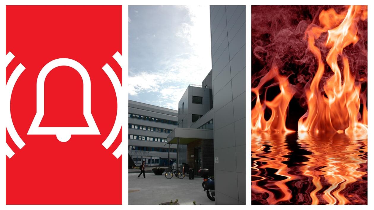 Photo collage showing a fire alarm icon, a photo of part of the BIO buildings and a burning flame alongside each other