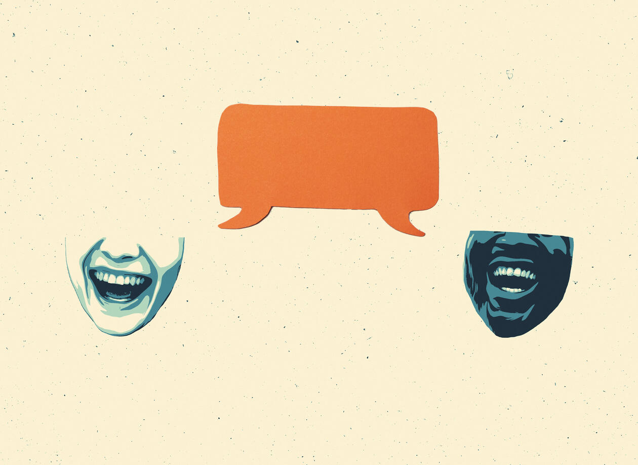 Illustration of two laughing heads with a speaking bobble between them