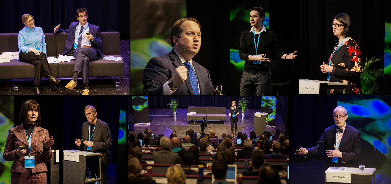 Collage of photos from the 10th Cancer Crosslink, different speakers on the stage.