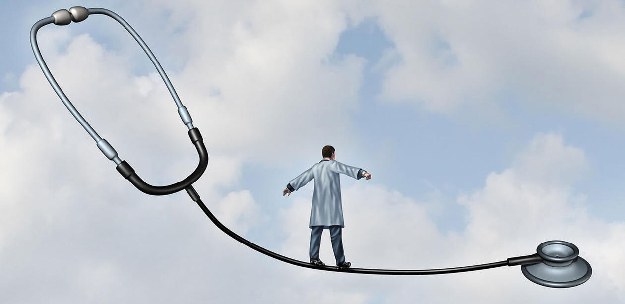 Doctor balancing on a stethoscope, like on a wire, high up in the sky.