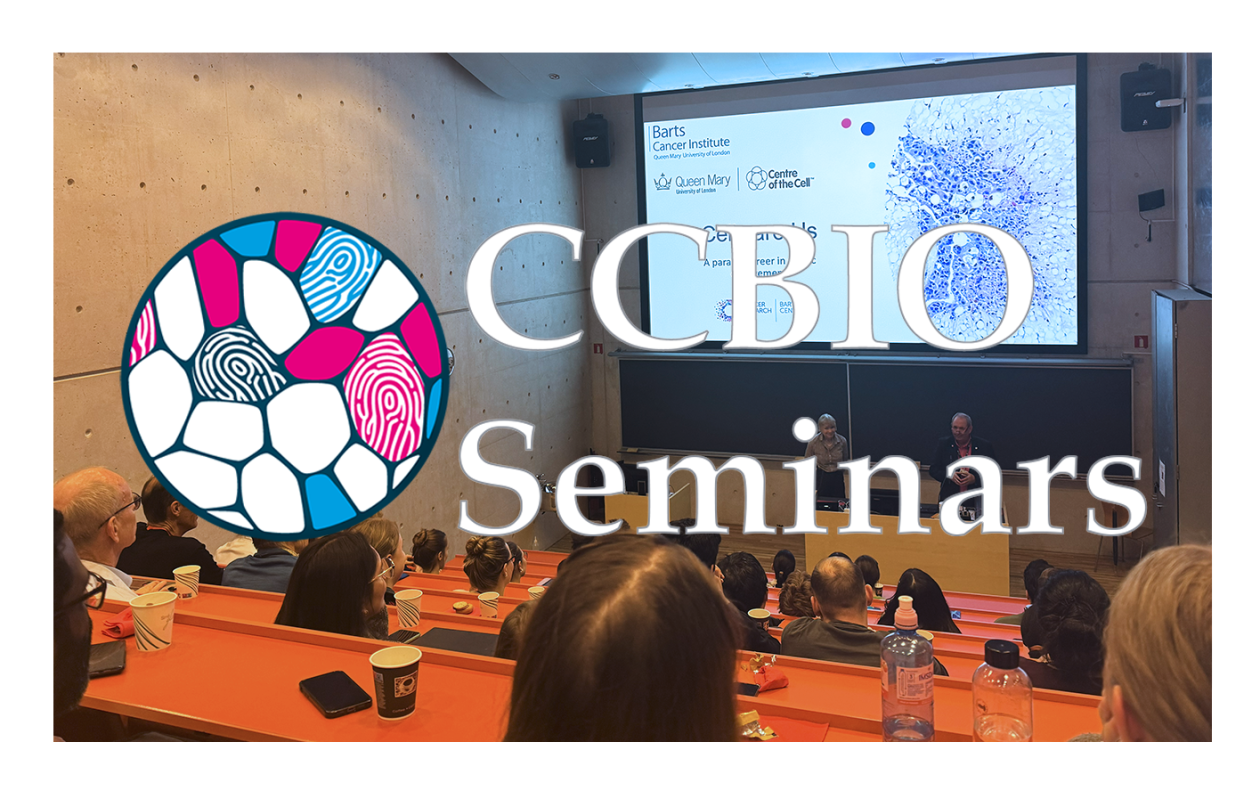 The CCBIO Seminars logo on top of a picture from the auditorium with audience and a speaker.