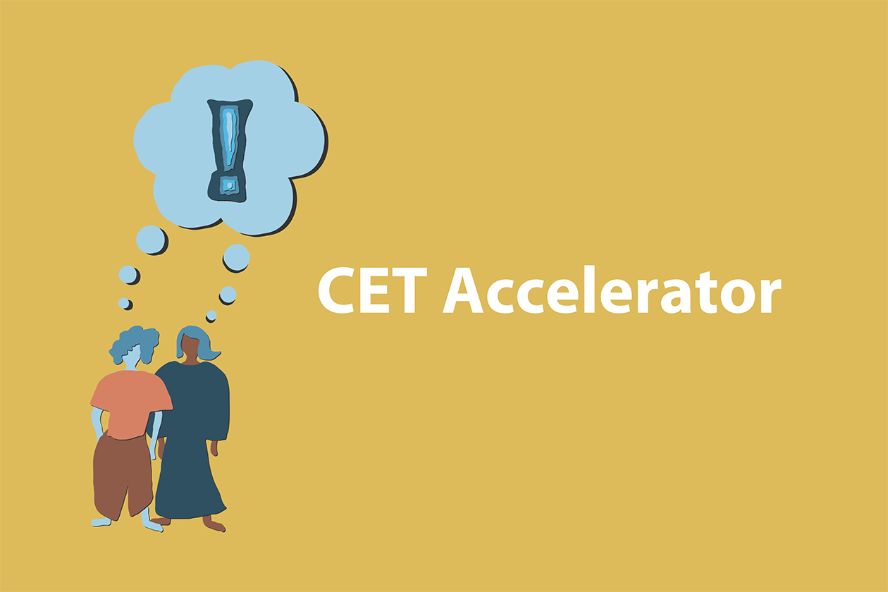 Yellow bacground with two people with a shared thinking bubble with an exclamation mark, text on the side saying CET Accelerator
