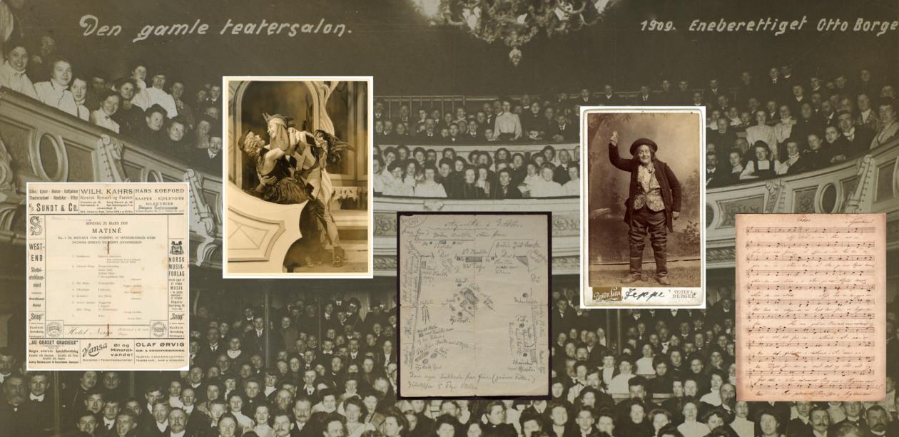 Fotomontasje av ulike typer materiale fra teaterarkivet, for eksempel program, forestillingsfoto, sceneskisser og noter.