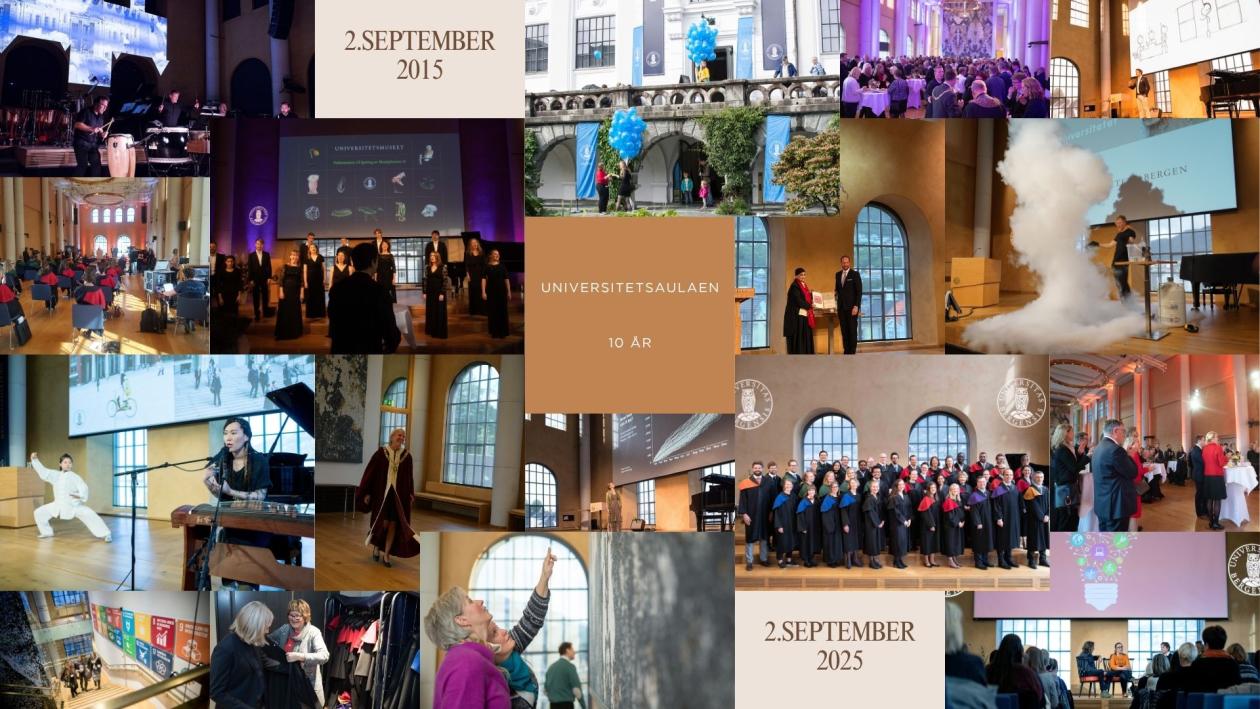 Ulike bilder av arrangementer i aulaen gjennom 10 år